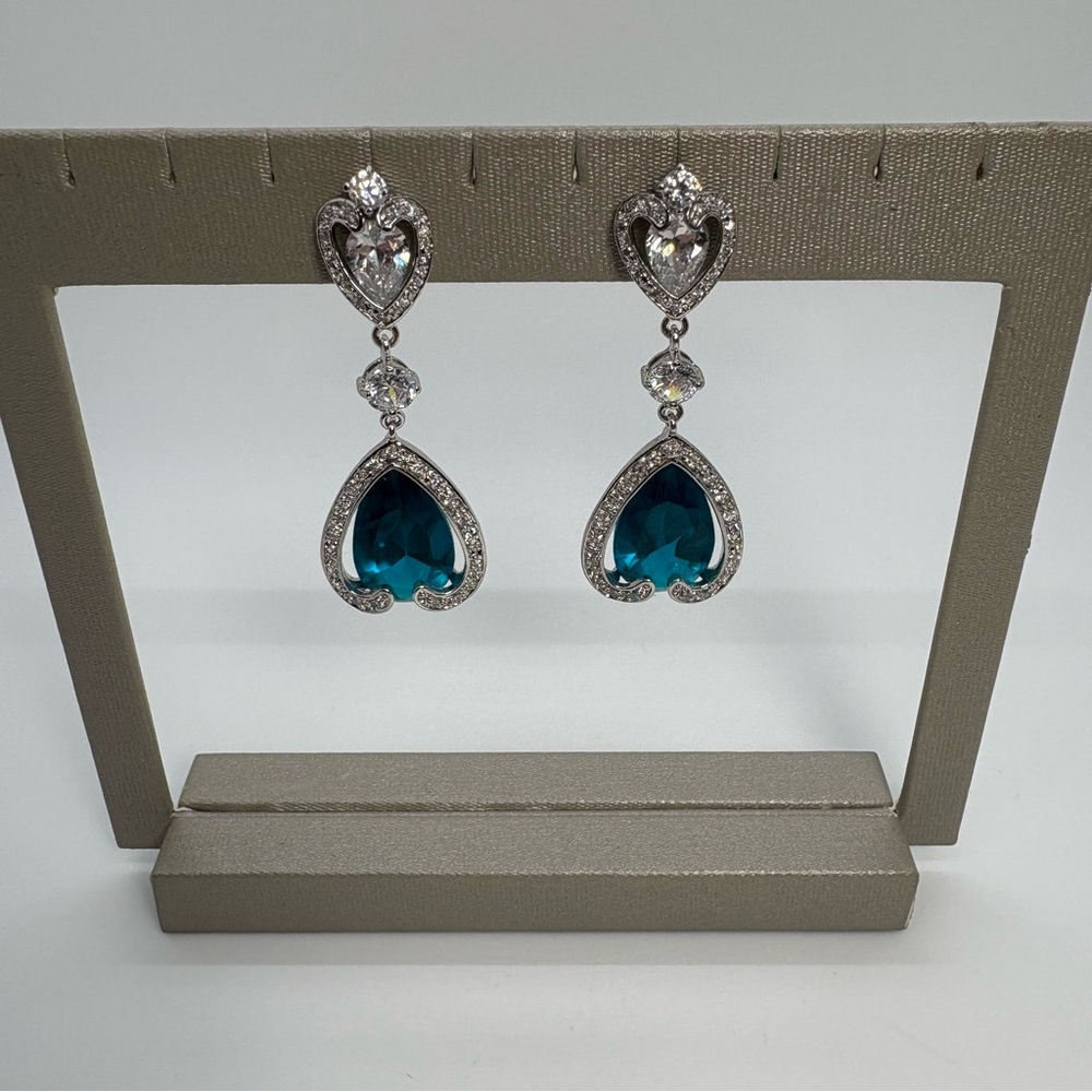 Clear And Teal Blue Cubic Zirconia Heart Dangle Silver Tone Earrings - Picture 3 of 5